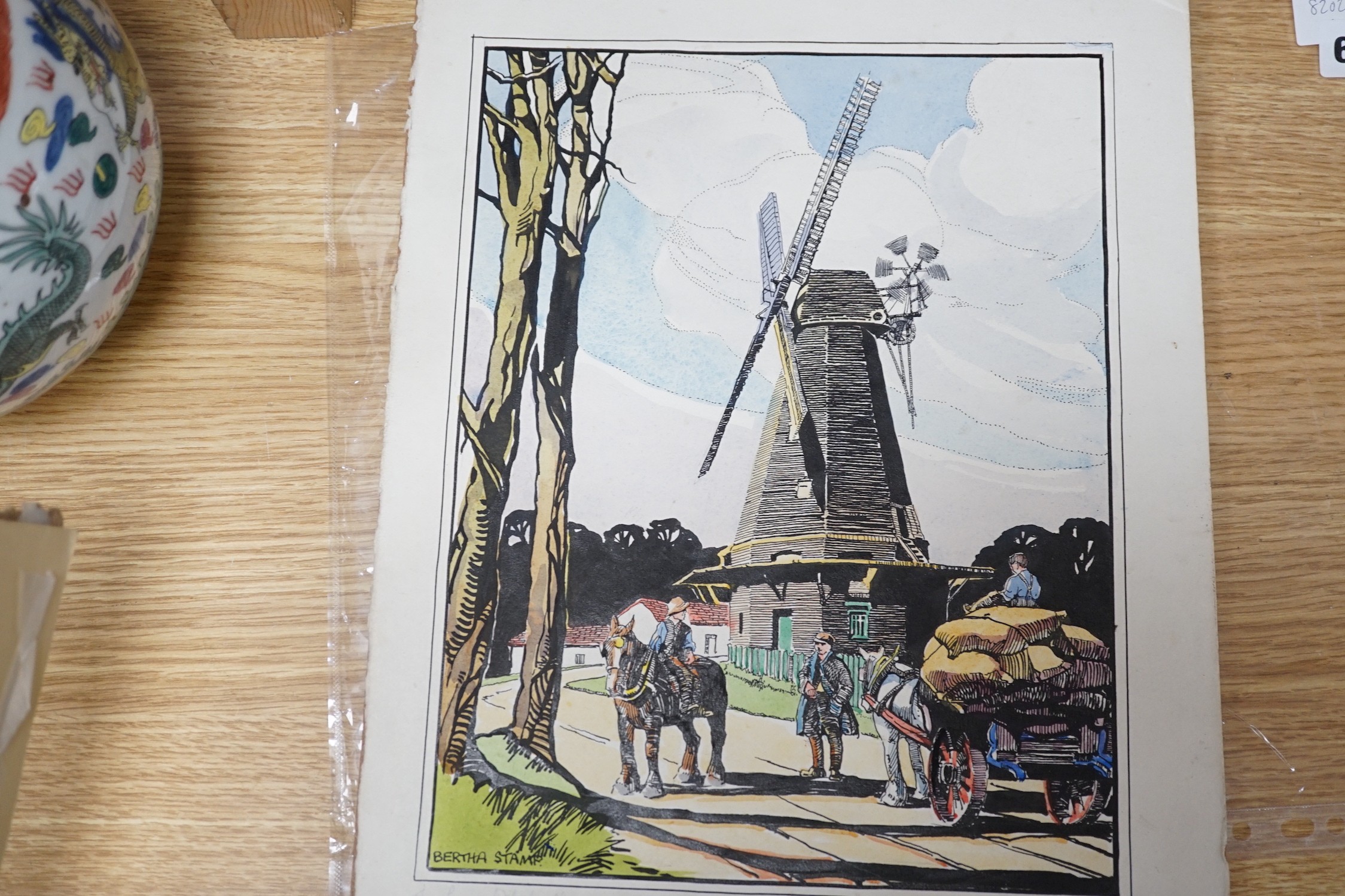 Bertha Stamp, four ink and watercolour postcard designs, vintage country scenes with working horses, signed, overall 29 x 39cm, unframed